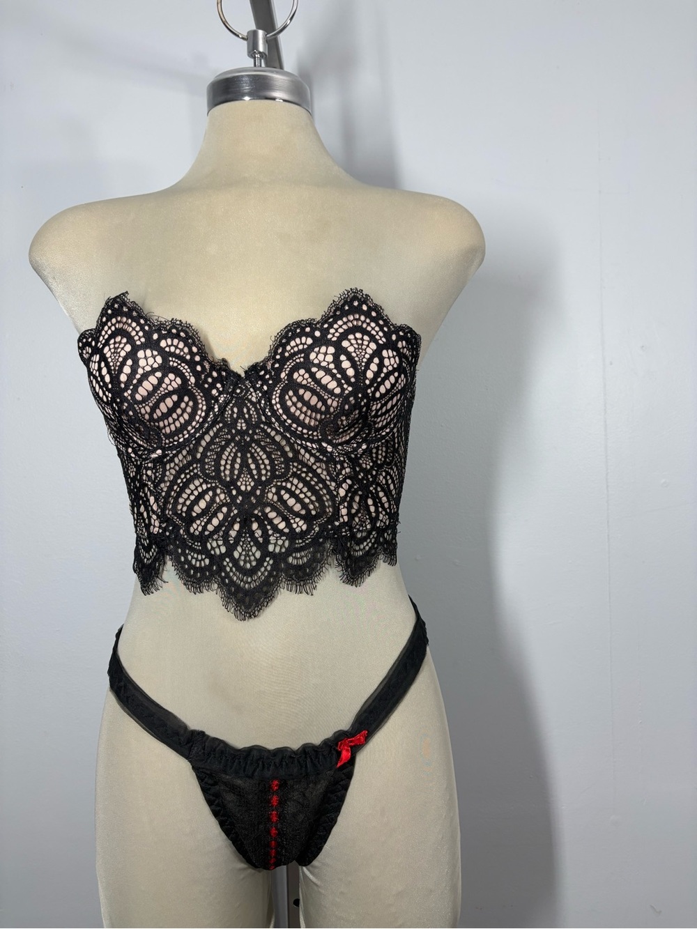 Sears Black Lace Bandeau Bralette with Red Accent Thong